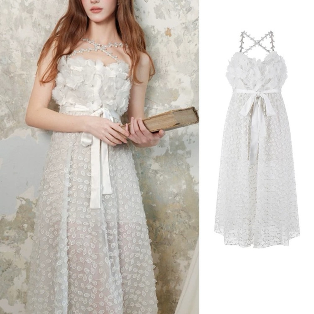 Wardrobes by Chen Embroidered Flowers Diamond Chain White Dress Gown